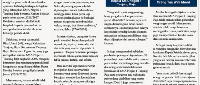Orang Tua Murid Apresiasi Kebijakan SMA Negeri 1 Tanjung Raja, Dinilai Semakin Peduli Kondisi Ekonomi Masyarakat